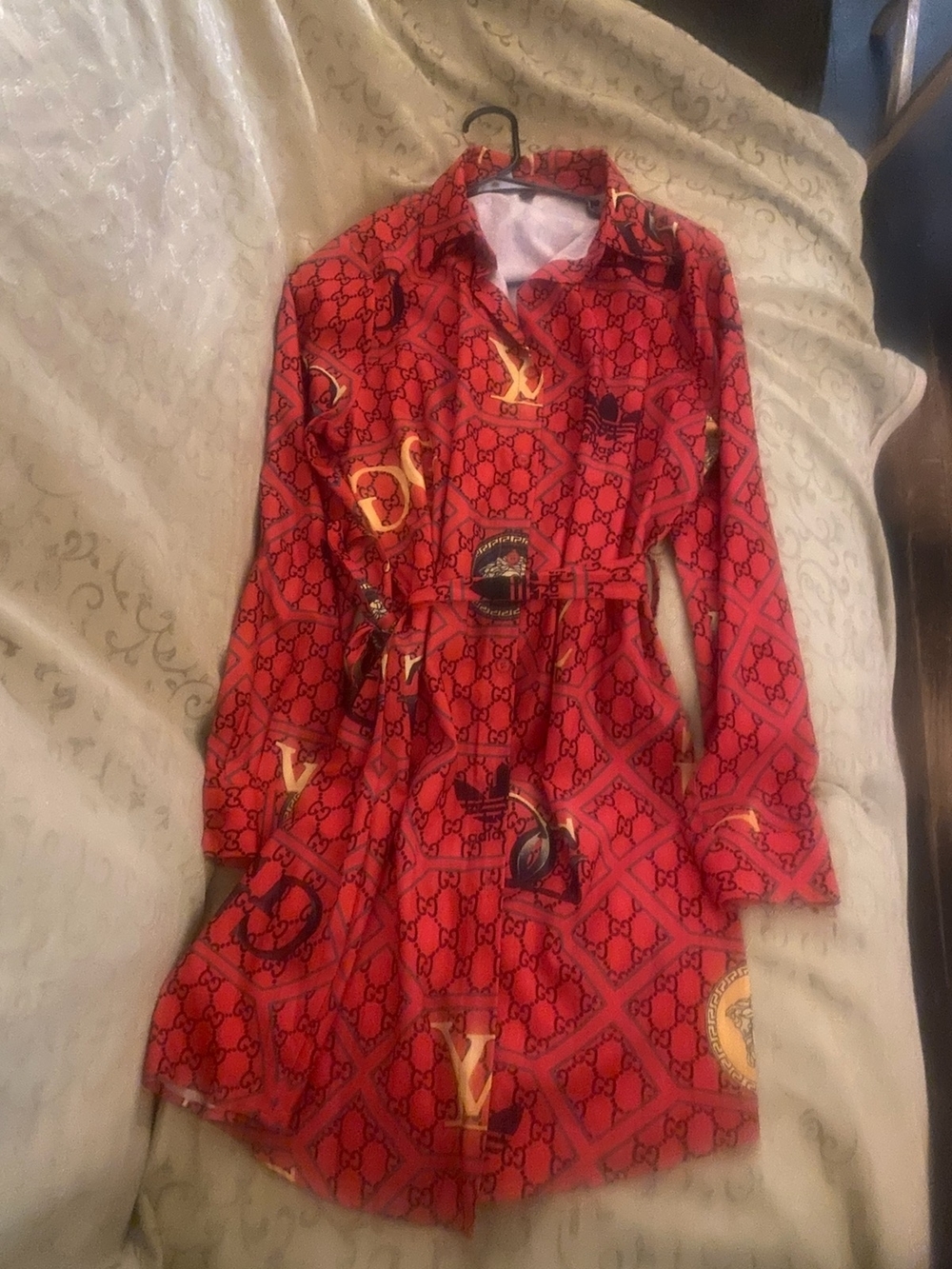 Red Printed Long-Sleeve Shirt Dress - Unbranded